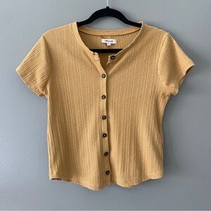 Madewell Pointelle Button-Front Slim Tee, Gold Color with Brown Buttons, Size S
